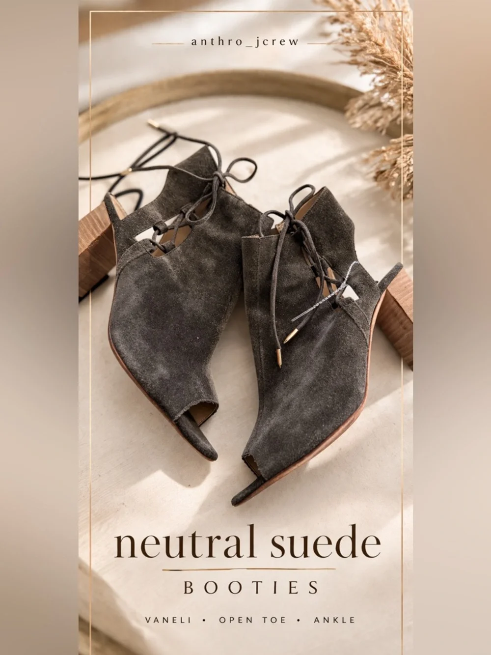 Vaneli Grey Suede Open Toe Booties Lace Up Block Heel Cutout Ankle Heels Neutral